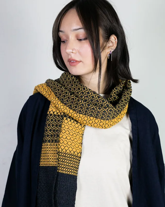Kobo Oriza Scarf, Multi-Pattern Weave, Dark Grey with Mustard Yellow Accents sold by Kiriko