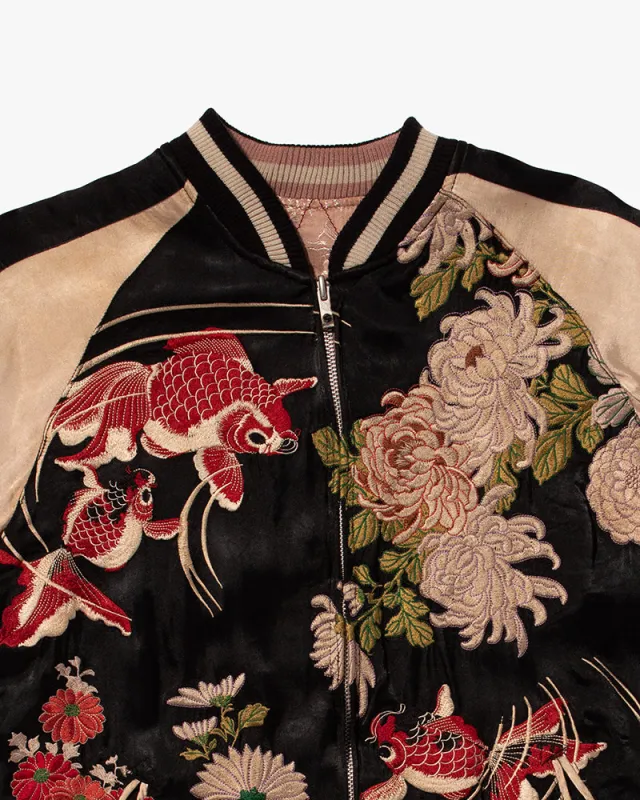 Japanese Repro Souvenir Jacket, Reversible, Black Goldfish and Chrysanthemums - M sold by Kiriko