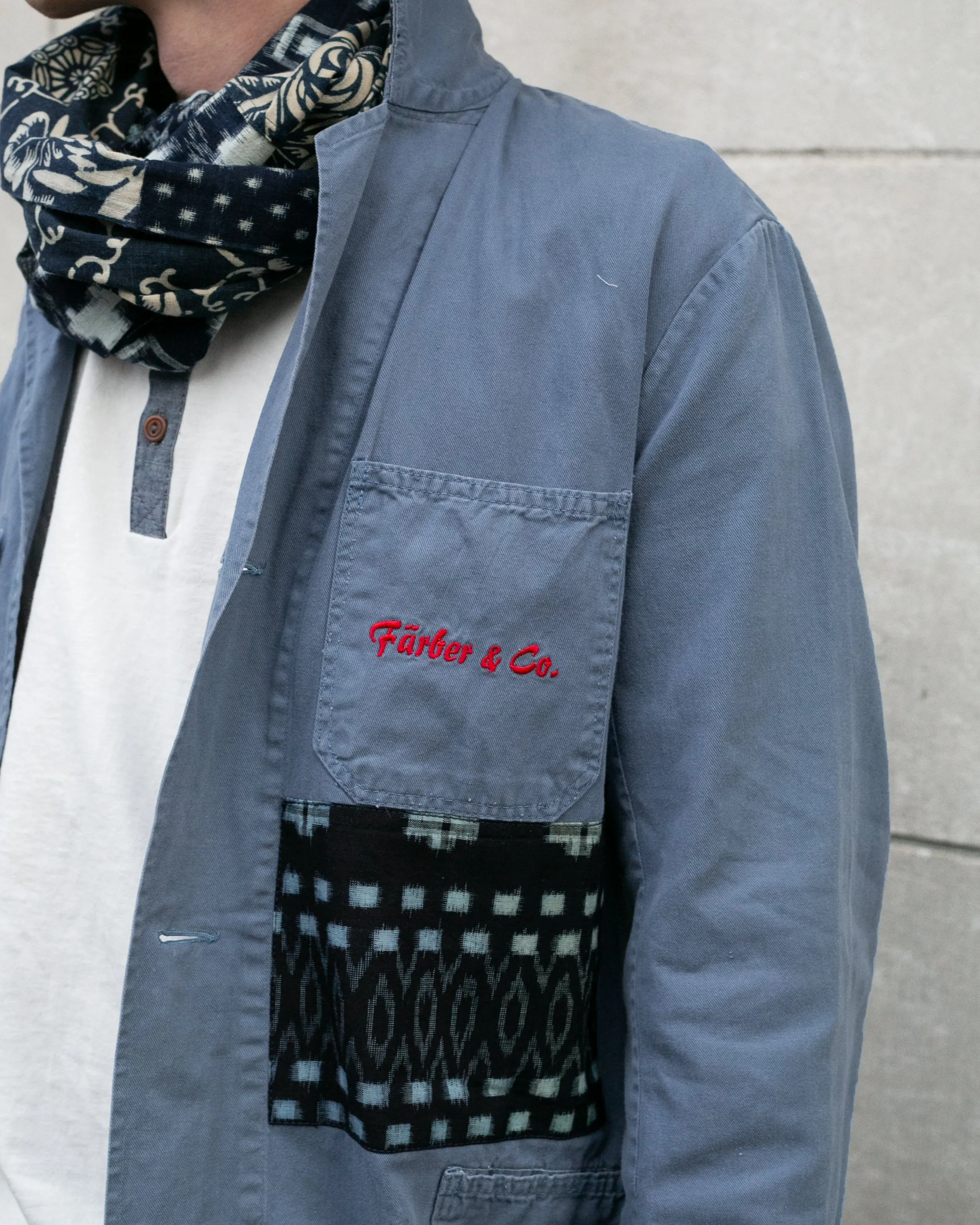 Kiriko Custom, One of a Kind Patched French Workman Robe, Vintage Katazome, Kasuri sold by Kiriko product image thumbnail 3