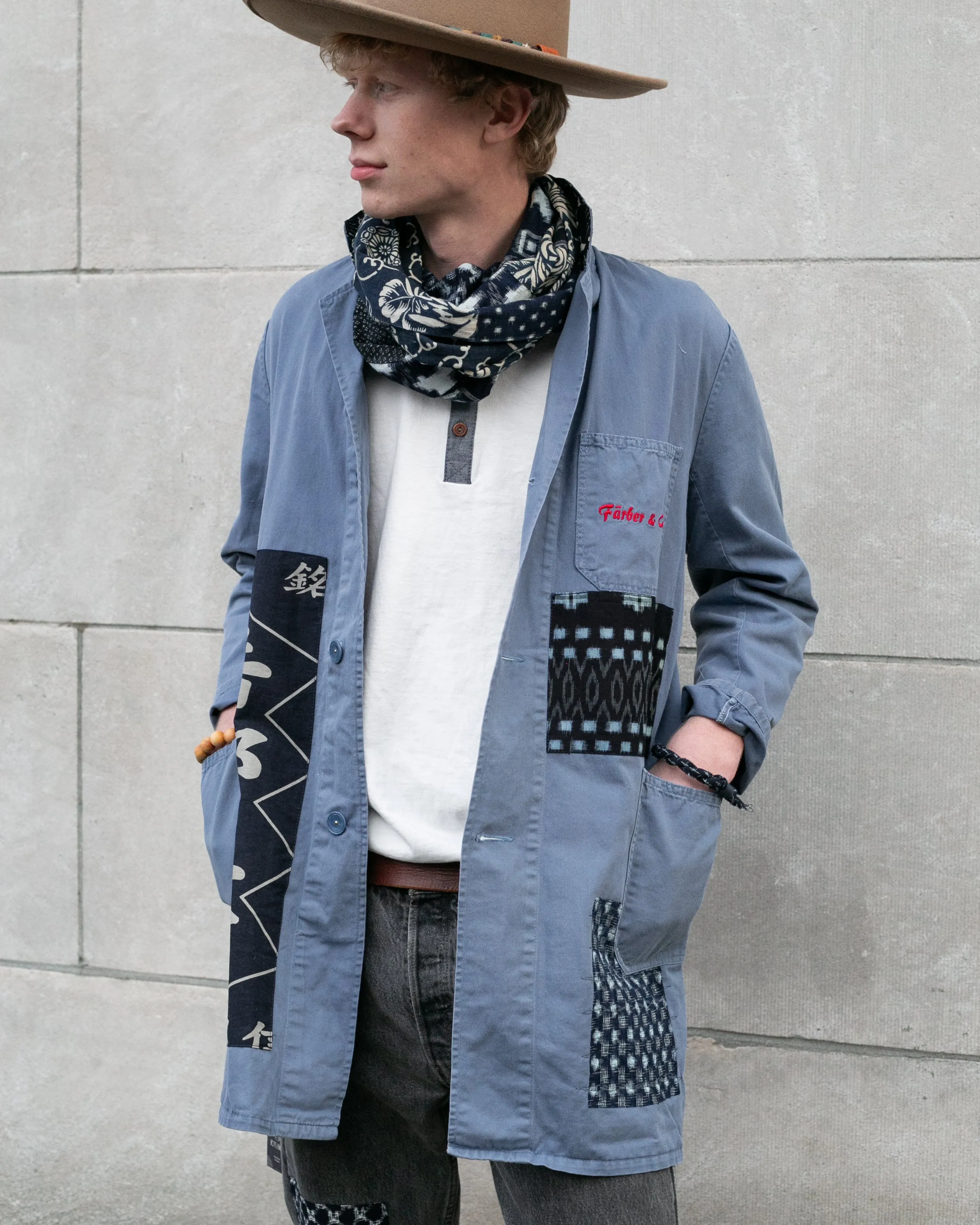 Kiriko Custom, One of a Kind Patched French Workman Robe, Vintage Katazome, Kasuri sold by Kiriko