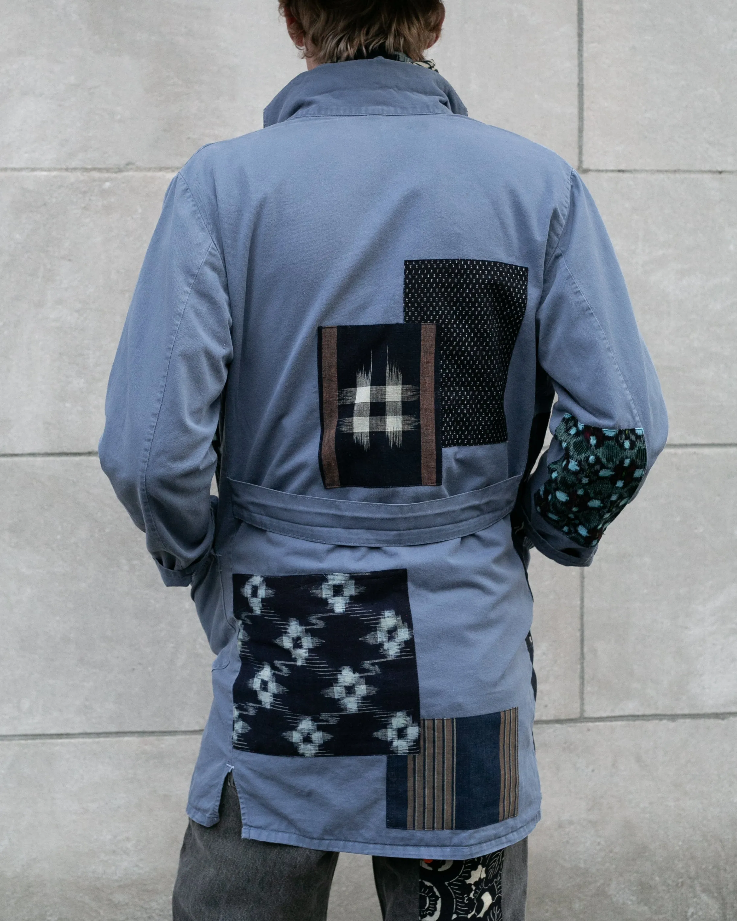 Kiriko Custom, One of a Kind Patched French Workman Robe, Vintage Katazome, Kasuri sold by Kiriko product image thumbnail 2