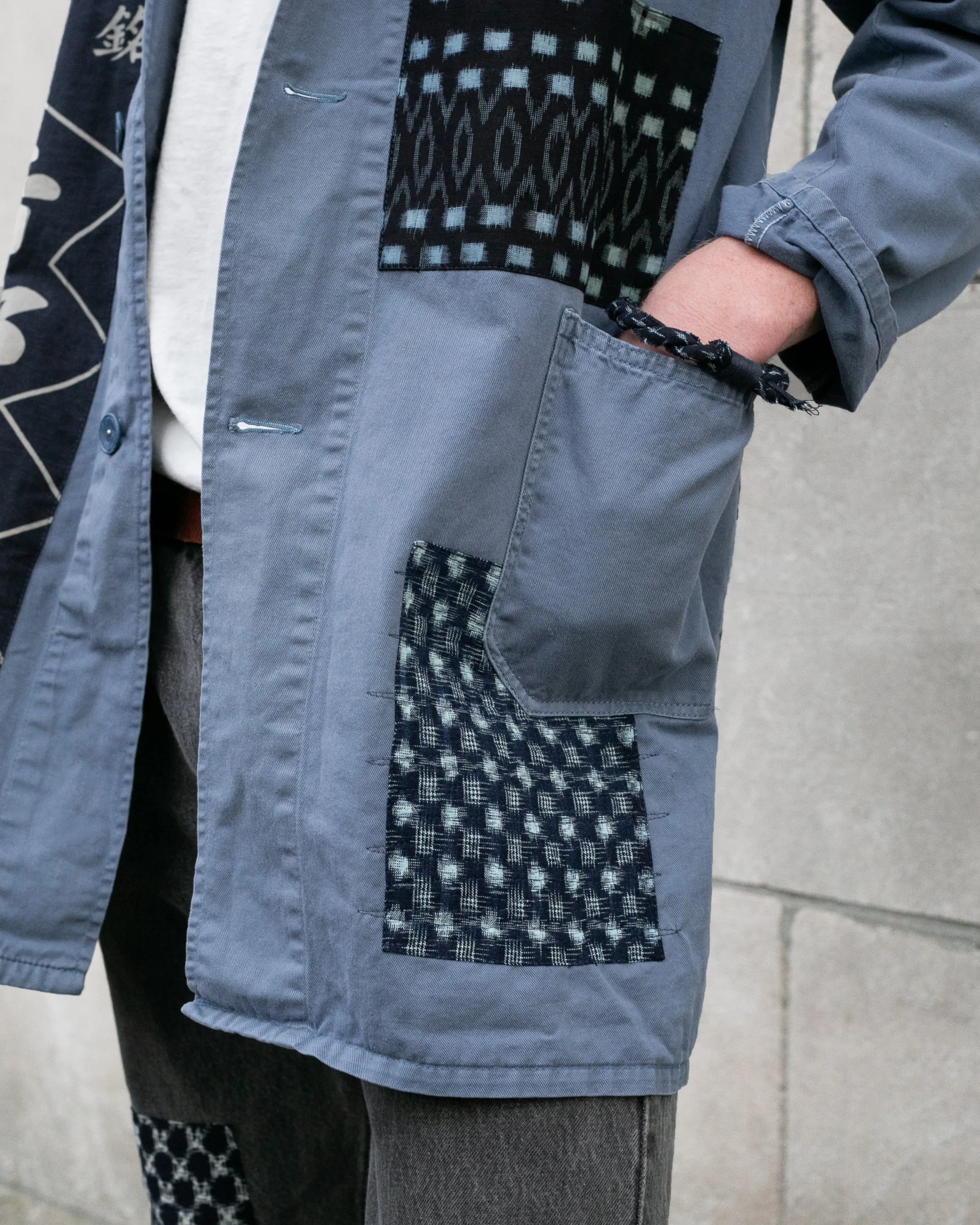 Kiriko Custom, One of a Kind Patched French Workman Robe, Vintage Katazome, Kasuri sold by Kiriko product image thumbnail 4