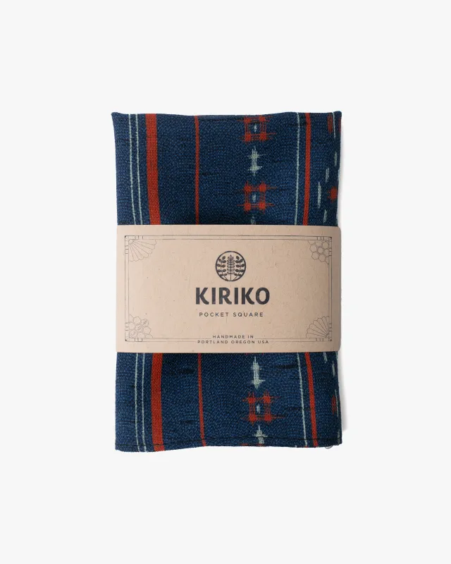 Kiriko Original Pocket Square, Blue with Abstract Orange Shima and Jyuji sold by Kiriko