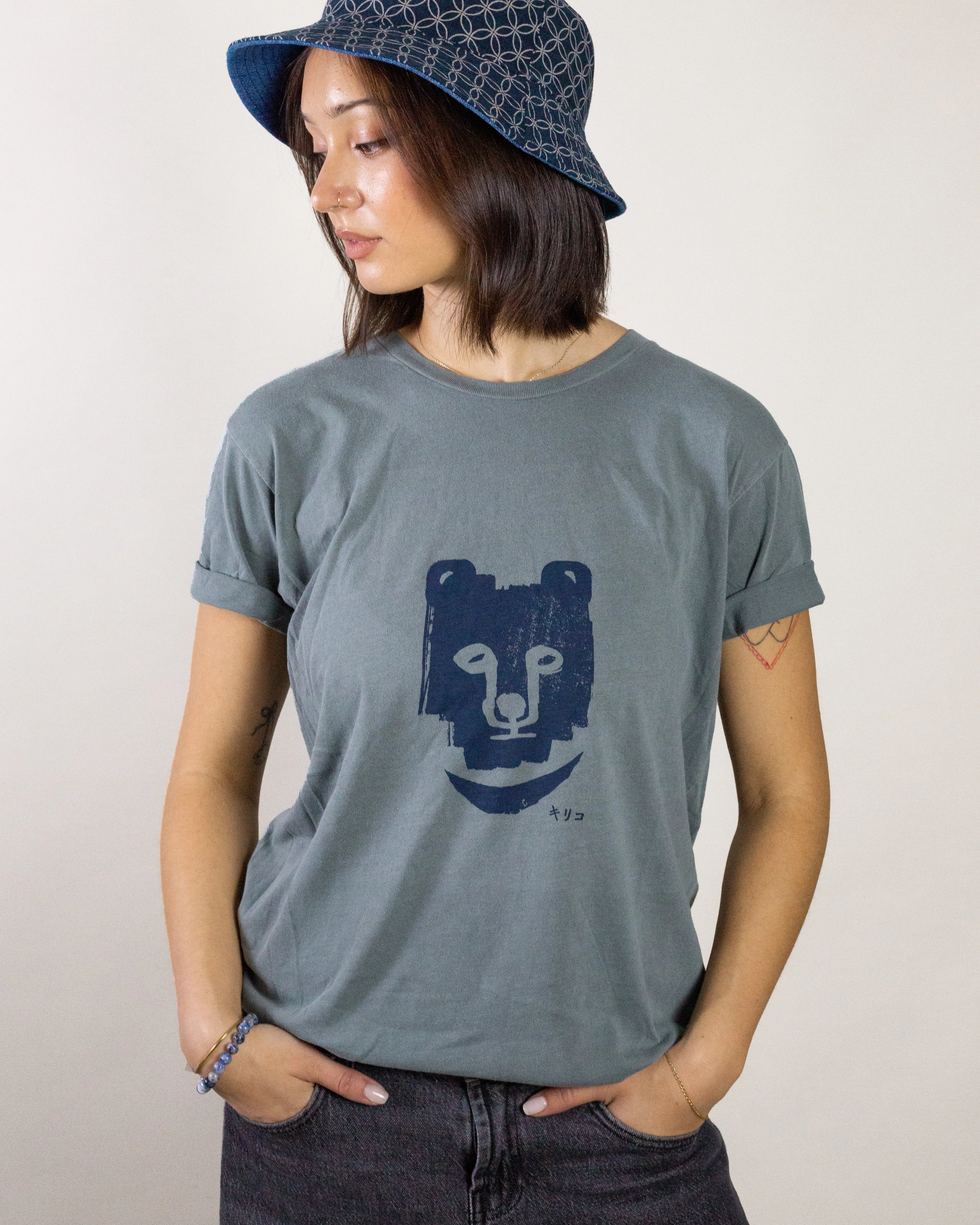Kiriko Original Tee, 6oz Cotton, Printed Kuma, Semamori Embroidery, Slate Blue sold by Kiriko