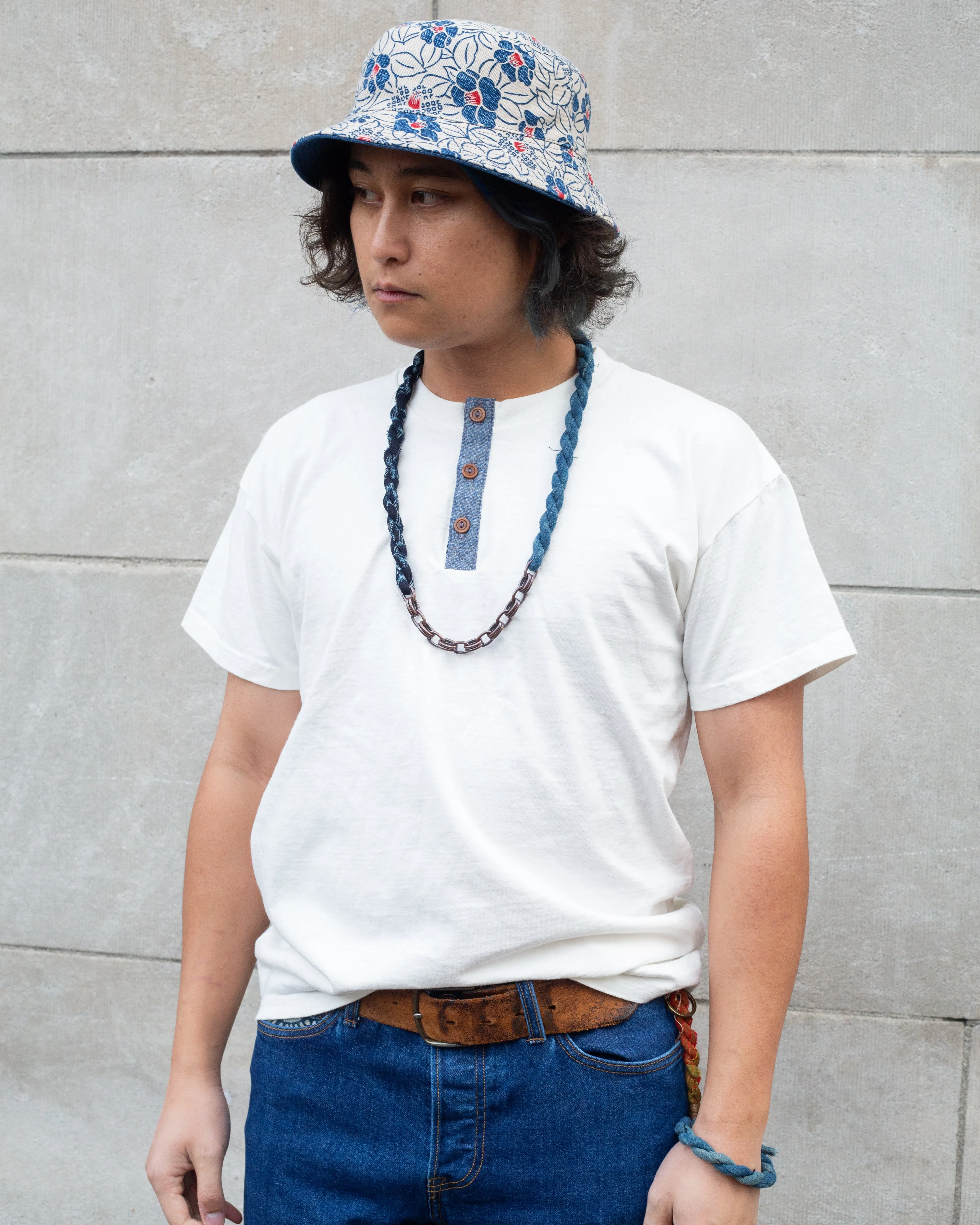 Kiriko Original Tee, 8oz Cotton, Henley Tee, Cream with Denim, Nami sold by Kiriko