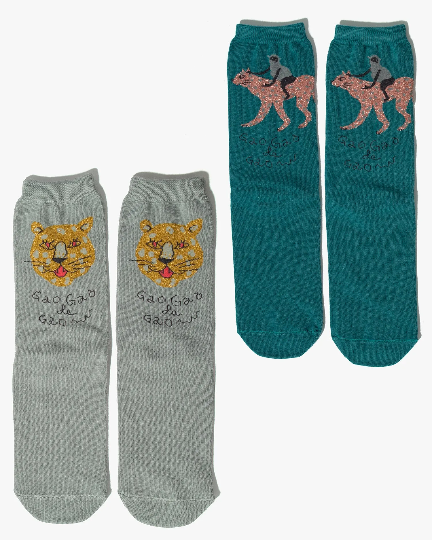 Socks, Bisque, CDF Etendue, Set of Two Pairs, Glittery Leopard and Monkey sold by Kiriko product image thumbnail 2