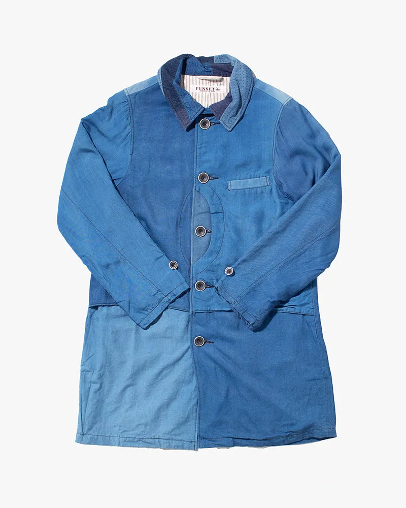 Japanese Repro Chore Coat, Funset, Patchwork Denim with Sashiko Collar - S sold by Kiriko