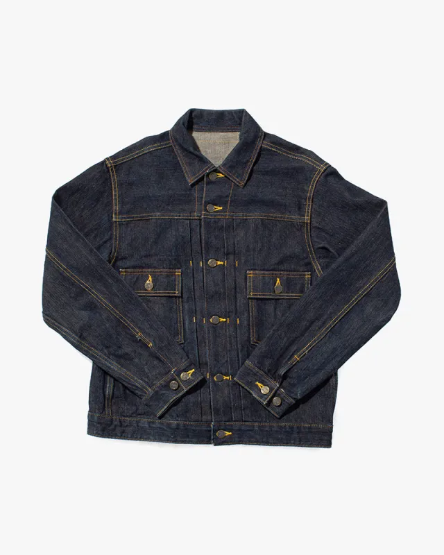 Japanese Repro Type II Trucker Jacket, Headlight, Dark Denim with Yellow Bartacks - L sold by Kiriko