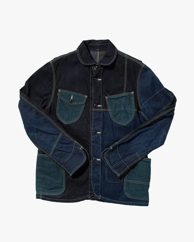 Japanese Repro Chore Coat, Eternal, Patchwork Dark Denim with Round Collar - M sold by Kiriko