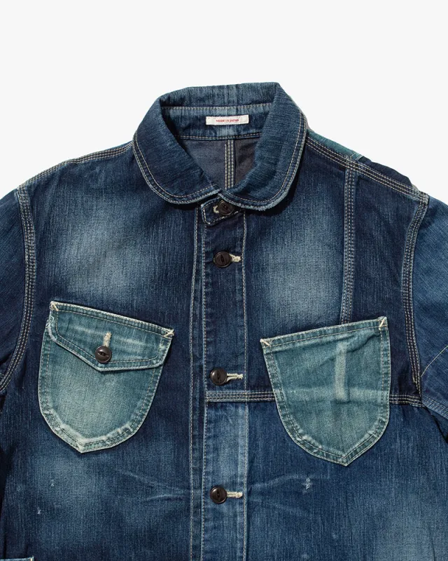 Japanese Repro Chore Coat, Eternal, Patchwork Denim with Round Collar - L sold by Kiriko