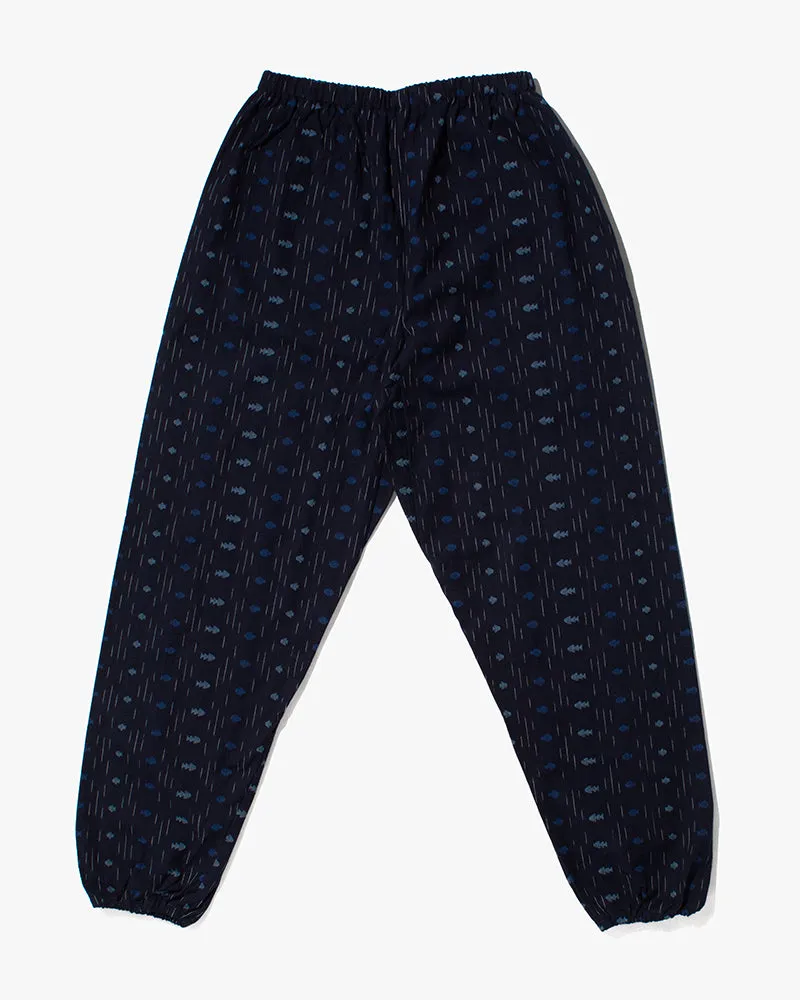 Monpe Pants, Women's, Indigo with Shades of Blue with Fish and Faded Shima sold by Kiriko