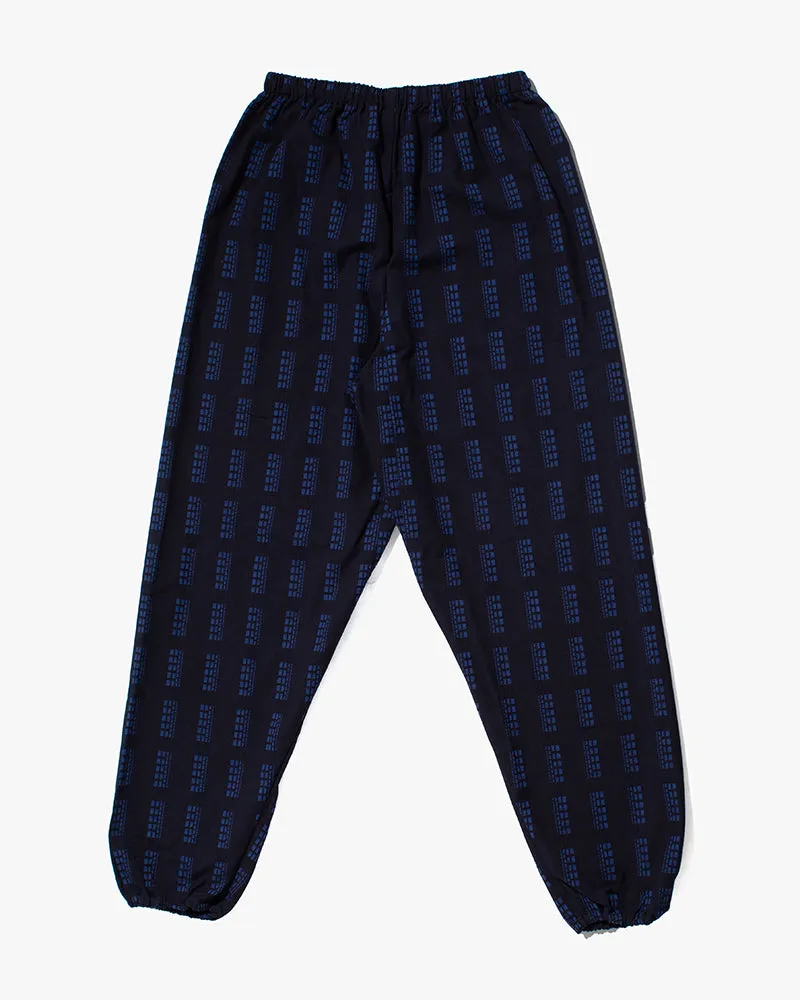 Monpe Pants, Women's, Indigo with Wide Blue Block Shima sold by Kiriko