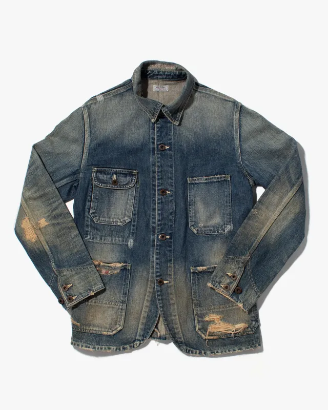Japanese Repro Denim Chore Coat, Eternal, Distressed Detailing - L sold by Kiriko