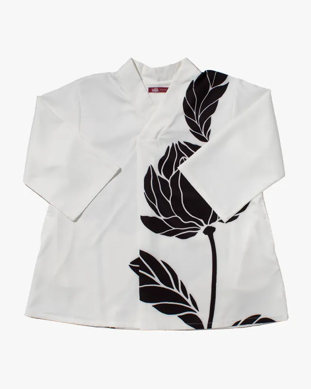 Wa-Modern Tunic, White with Black Gentian Flower sold by Kiriko