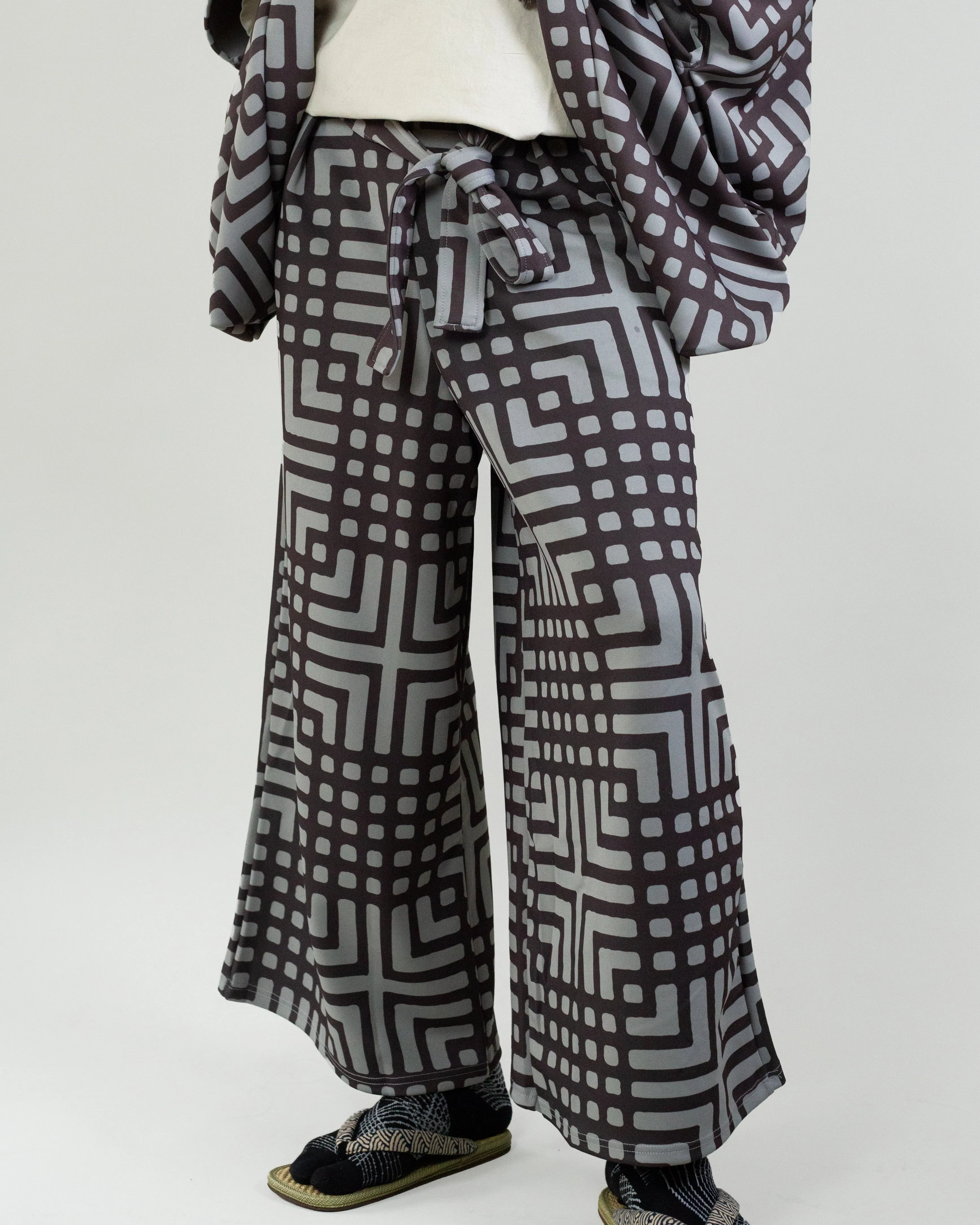 Wa-Modern Wide Pants, Grey with Brown Koushi Pattern sold by Kiriko