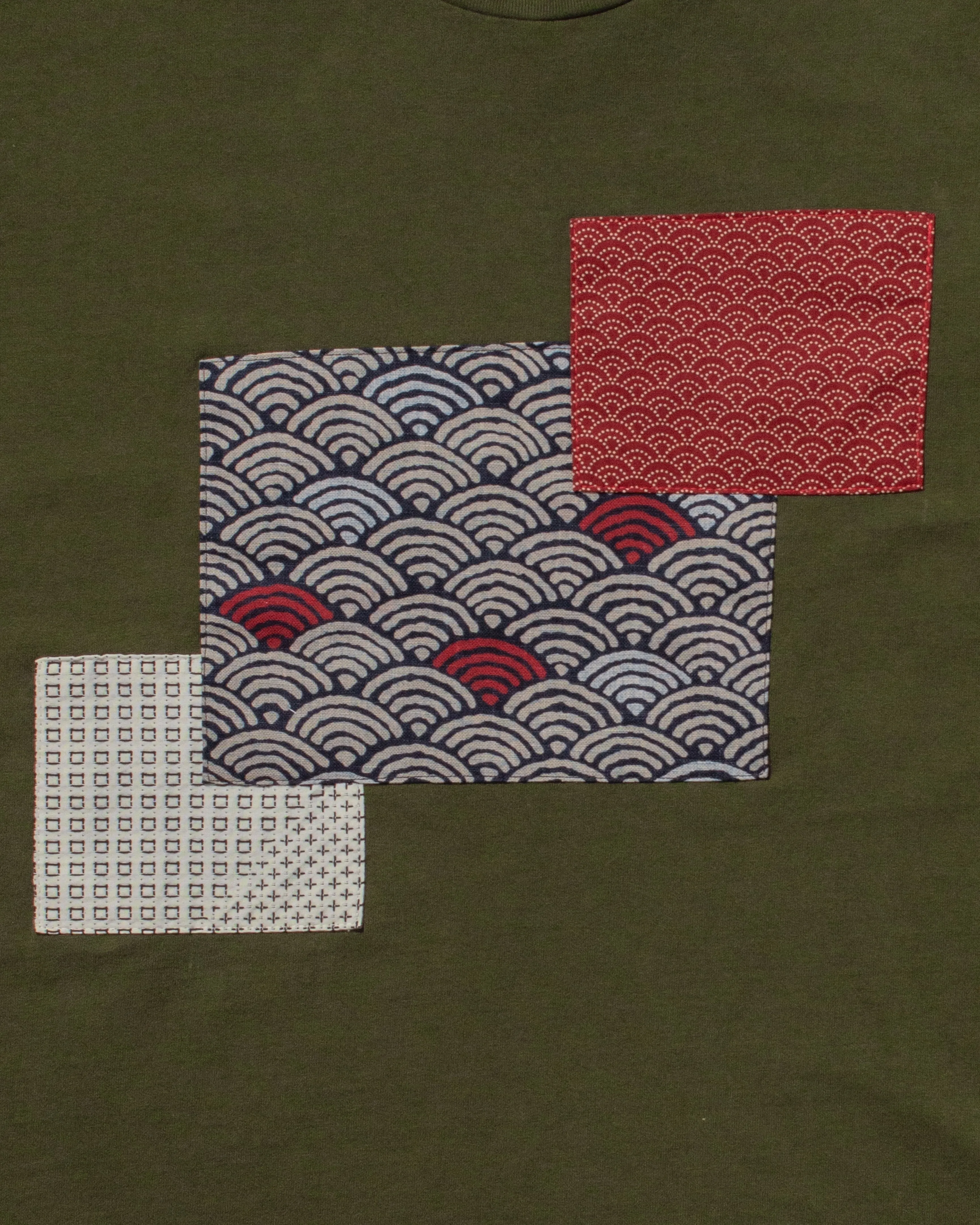 Patched Tee, Green with White Sashiko and Seigaiha sold by Kiriko product image thumbnail 2