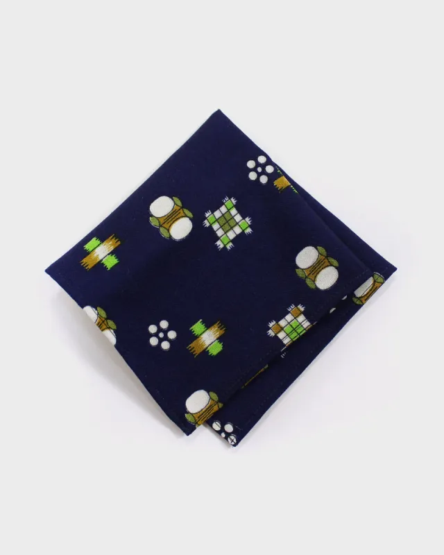 Pocket Square, Indigo, Green and Brown, Kasuri sold by Kiriko