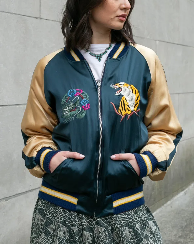 Japanese Repro Reversible Souvenir Jacket, Paradise Found Brand, Dark Teal with Dragon and Tiger - L sold by Kiriko