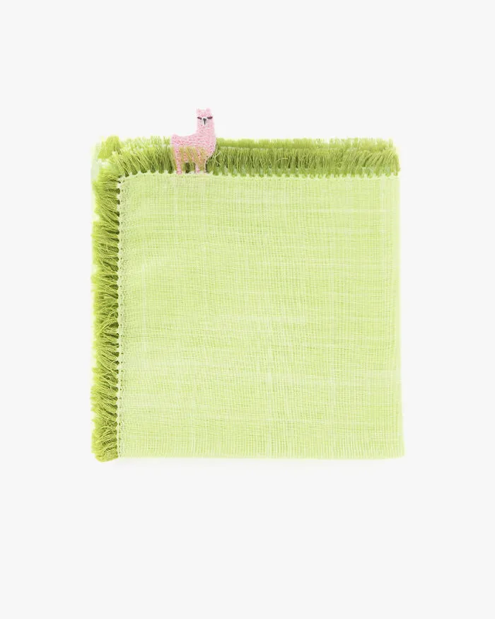Japanese Handkerchief, Fringed, Green with Pink Llama sold by Kiriko product image thumbnail 3