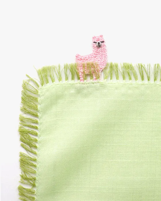 Japanese Handkerchief, Fringed, Green with Pink Llama sold by Kiriko
