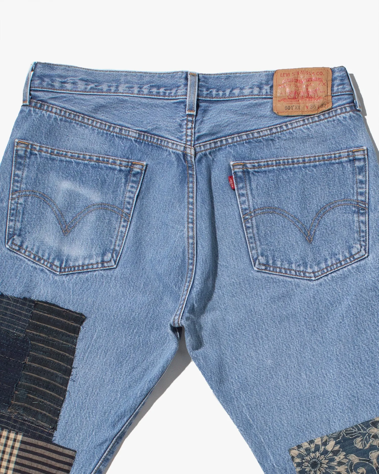 Kiriko Custom Denim Jeans, Patched Vintage Boro, Levi's Brand, Light Denim with Boro, Gold and Red Patches - 36 sold by Kiriko product image thumbnail 5