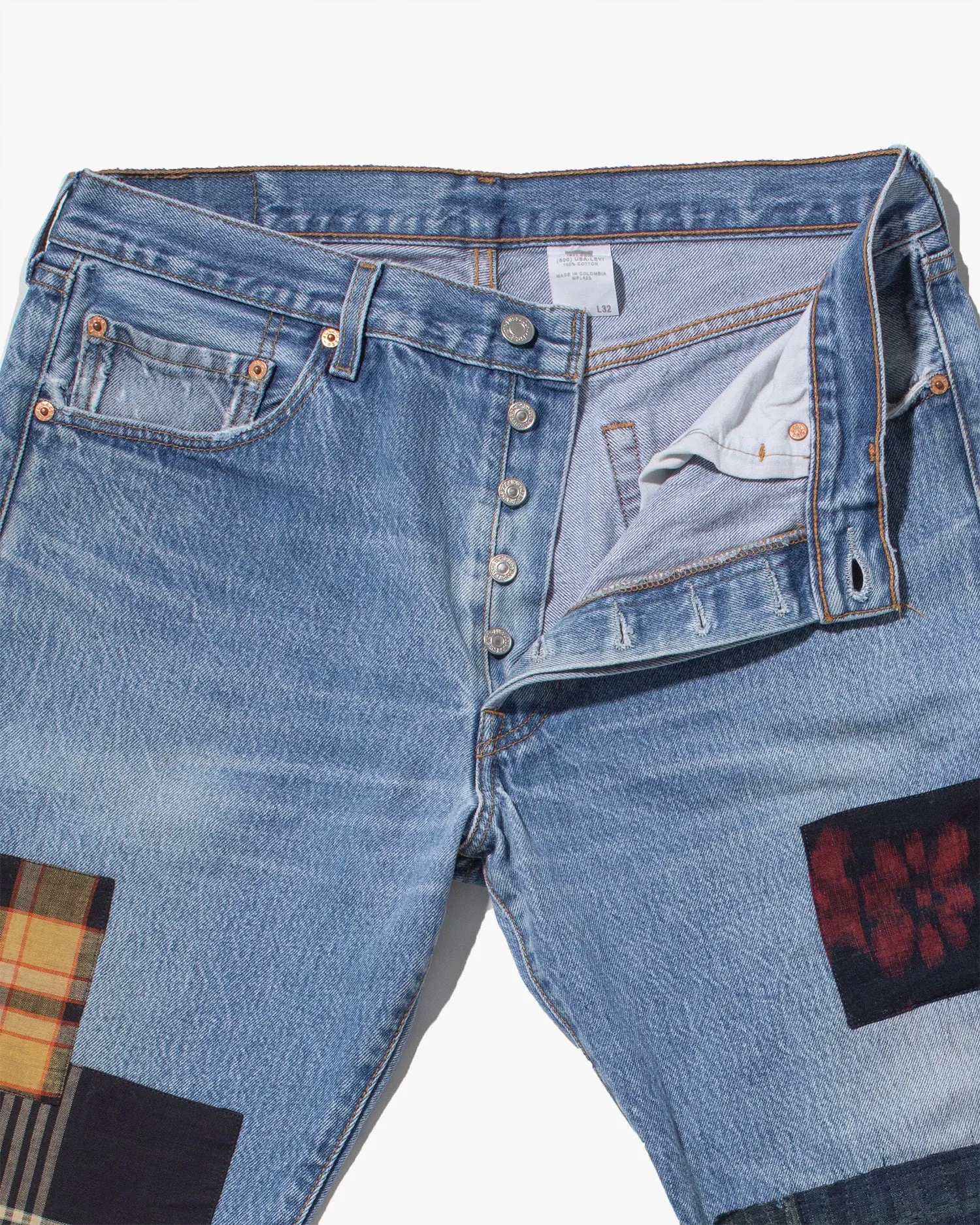 Kiriko Custom Denim Jeans, Patched Vintage Boro, Levi's Brand, Light Denim with Boro, Gold and Red Patches - 36 sold by Kiriko product image thumbnail 3