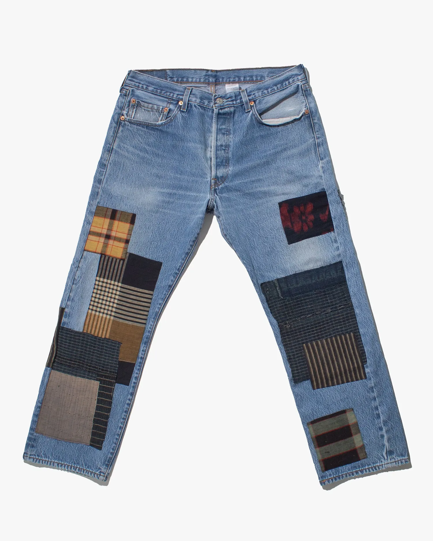 Kiriko Custom Denim Jeans, Patched Vintage Boro, Levi's Brand, Light Denim with Boro, Gold and Red Patches - 36 sold by Kiriko
