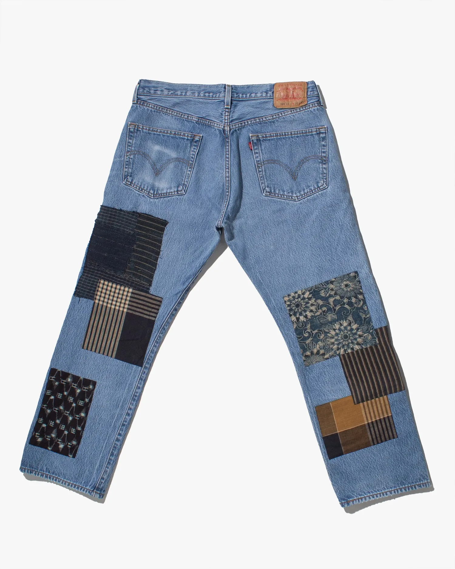 Kiriko Custom Denim Jeans, Patched Vintage Boro, Levi's Brand, Light Denim with Boro, Gold and Red Patches - 36 sold by Kiriko product image thumbnail 4