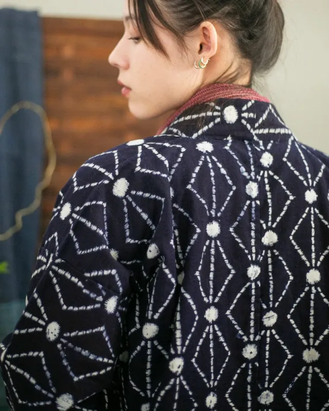 Vintage Noragi Robe, Lavender and Red Shima and Indigo Kasuri sold by Kiriko