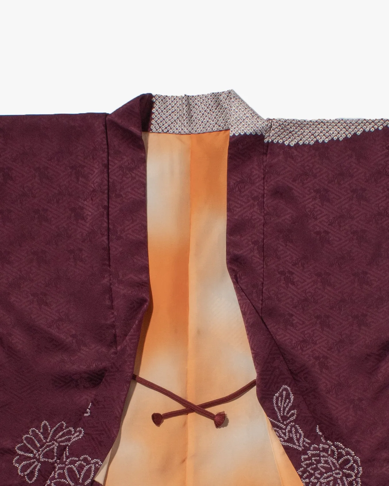 Vintage Haori Jacket, Partial Shibori, Burgundy with White Flowers and Clouds sold by Kiriko product image thumbnail 2