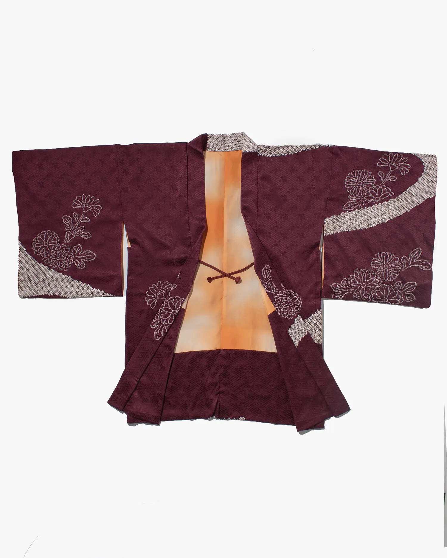 Vintage Haori Jacket, Partial Shibori, Burgundy with White Flowers and Clouds sold by Kiriko product image thumbnail 3