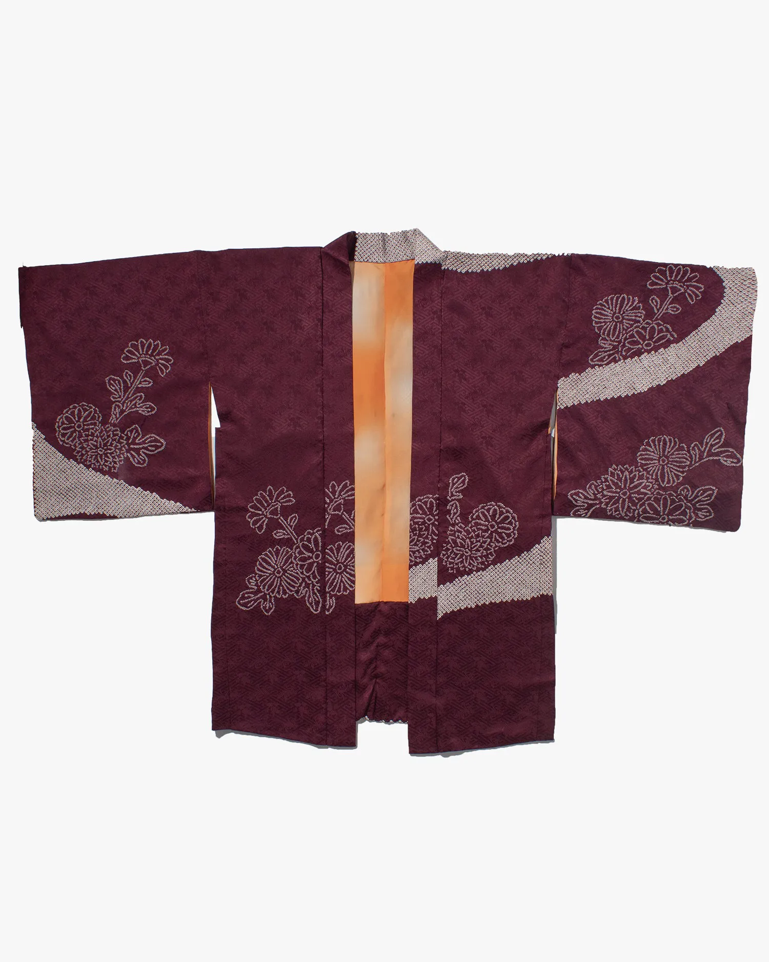 Vintage Haori Jacket, Partial Shibori, Burgundy with White Flowers and Clouds sold by Kiriko