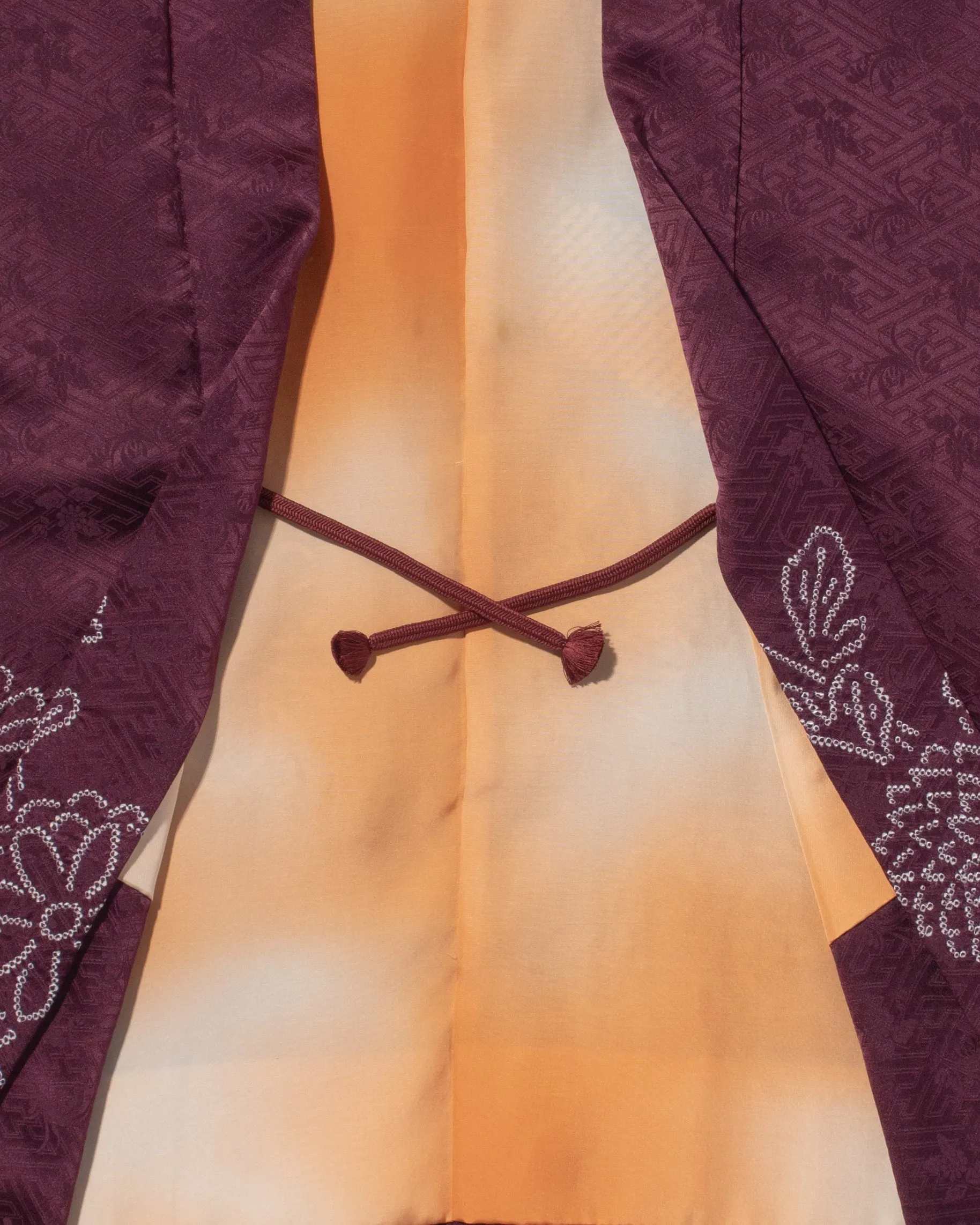 Vintage Haori Jacket, Partial Shibori, Burgundy with White Flowers and Clouds sold by Kiriko product image thumbnail 4