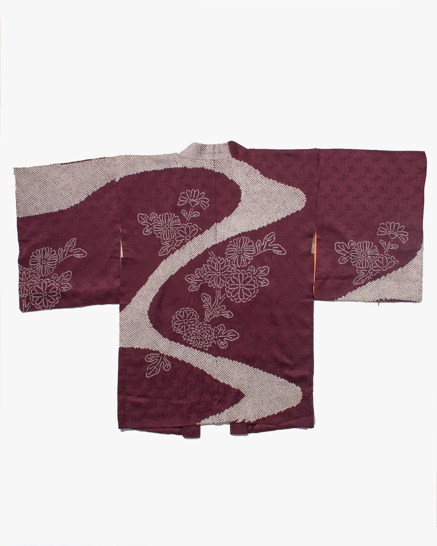 Vintage Haori Jacket, Partial Shibori, Burgundy with White Flowers and Clouds sold by Kiriko product image thumbnail 5