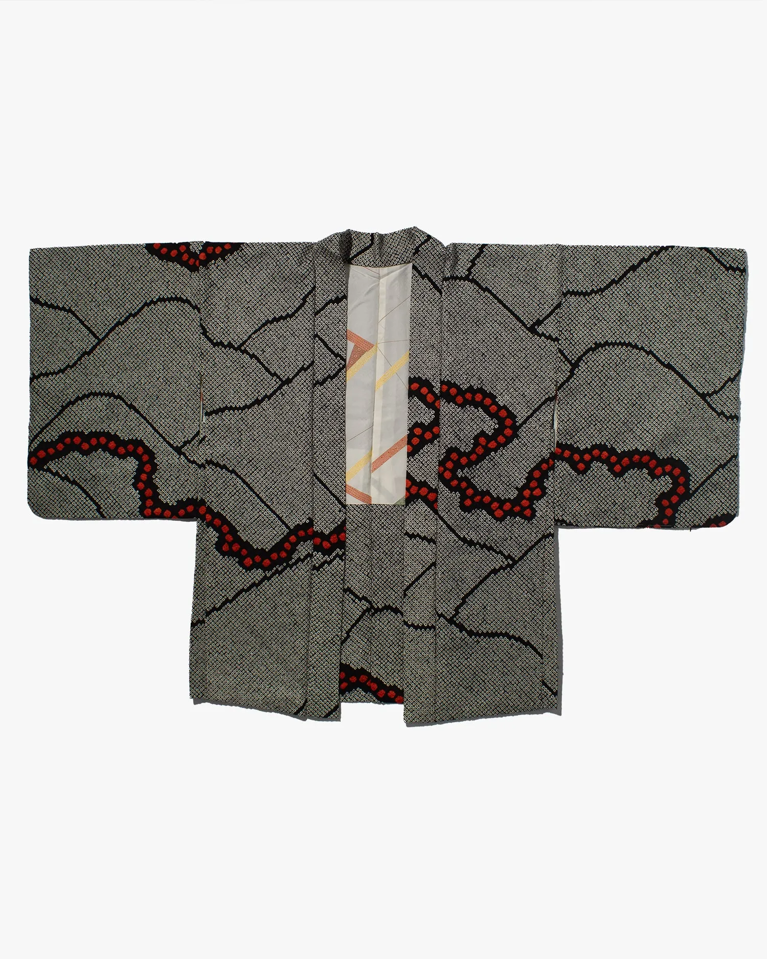 Vintage Haori Jacket, Full Shibori, Black with Red Dotted Clouds sold by Kiriko