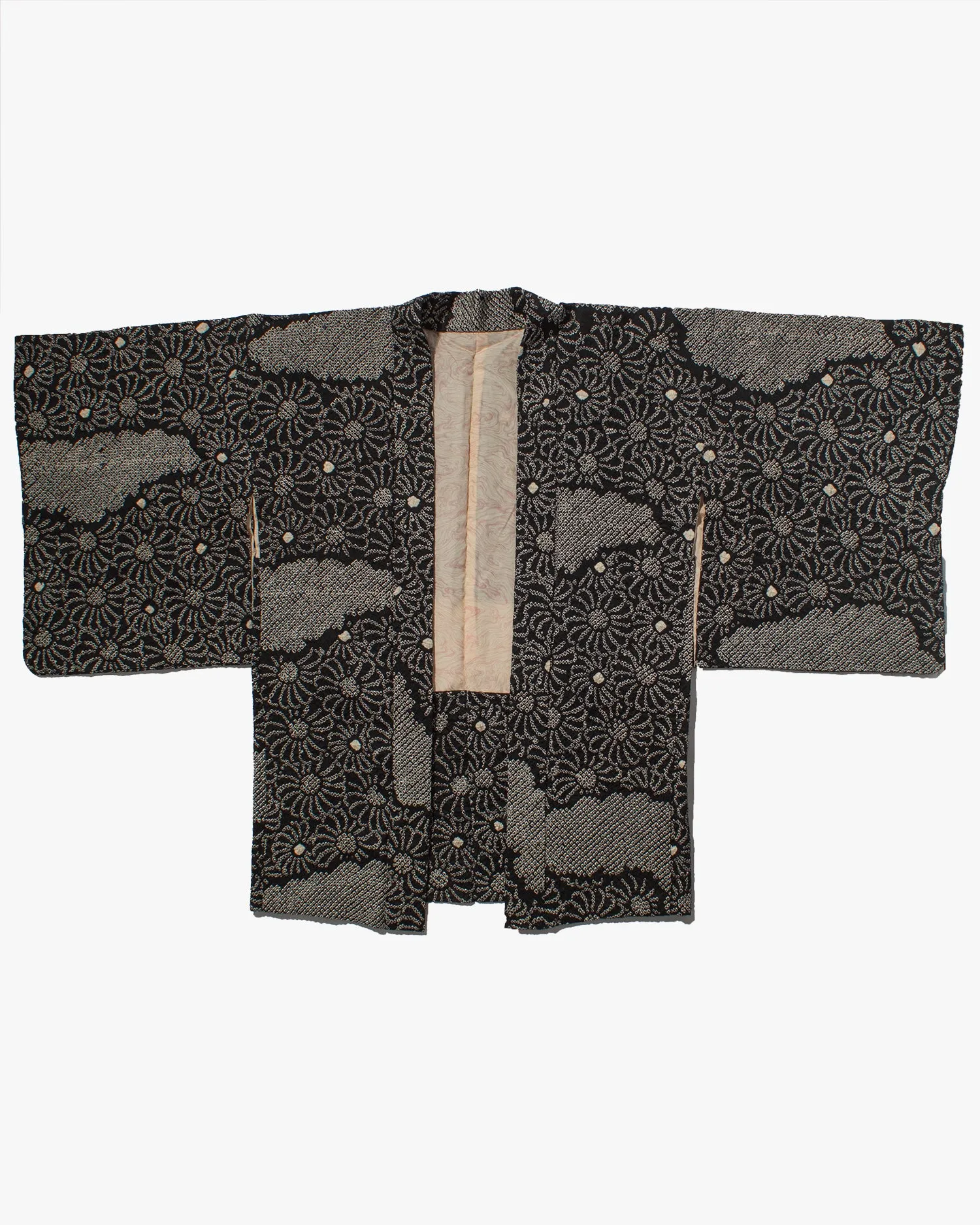 Vintage Haori Jacket, Full Shibori, Black with Spiraled Daisies sold by Kiriko