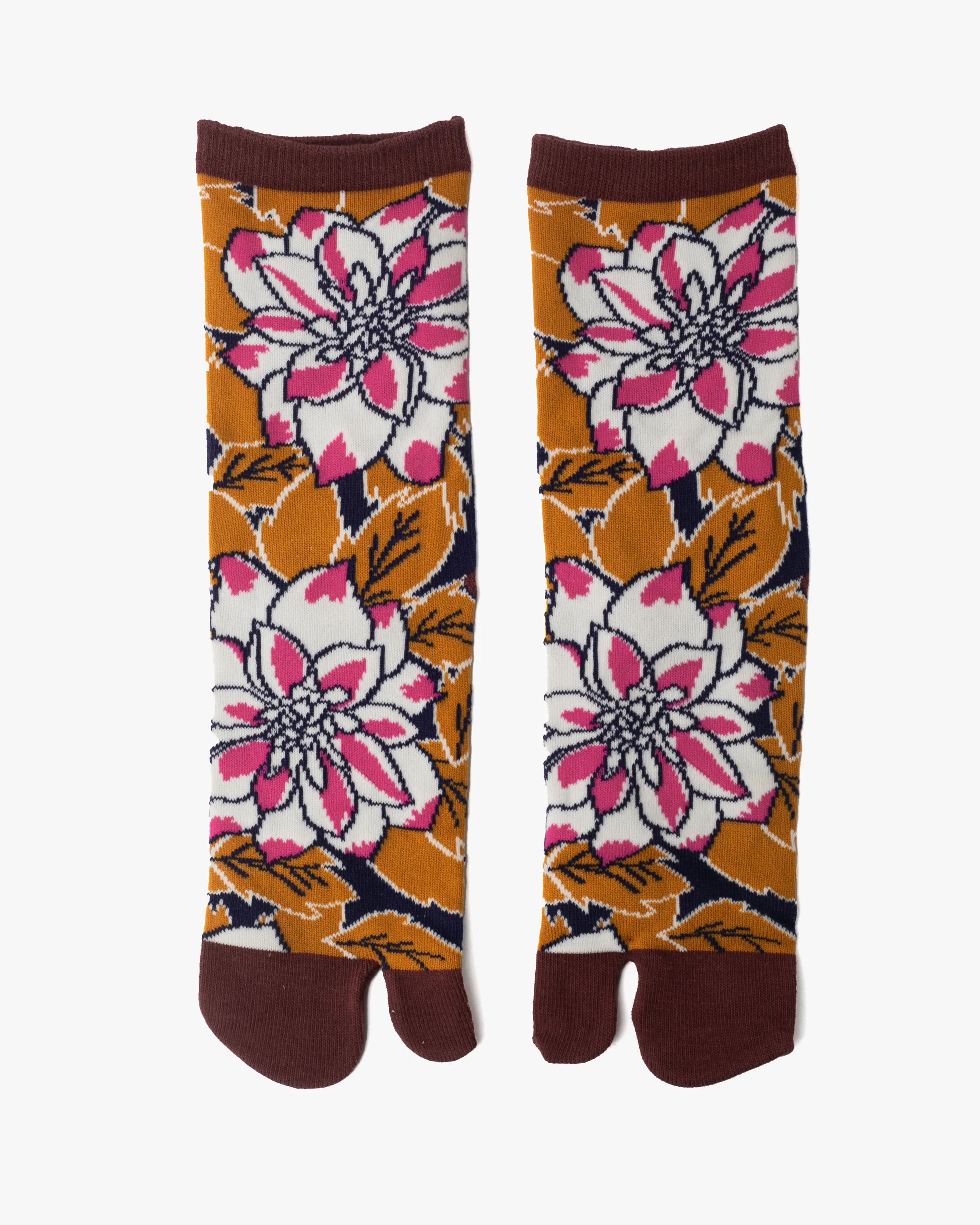 Wa Modern, Tabi Socks, Crew, Mustard Leaves and White with Pink Chrysanthemum sold by Kiriko product image thumbnail 3