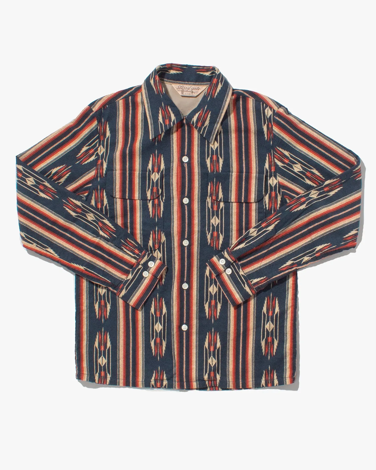 Japanese Repro Chamois Cotton Flannel, Starry Gate by Jelado Brand, Navy with Red and Cream Patterns sold by Kiriko