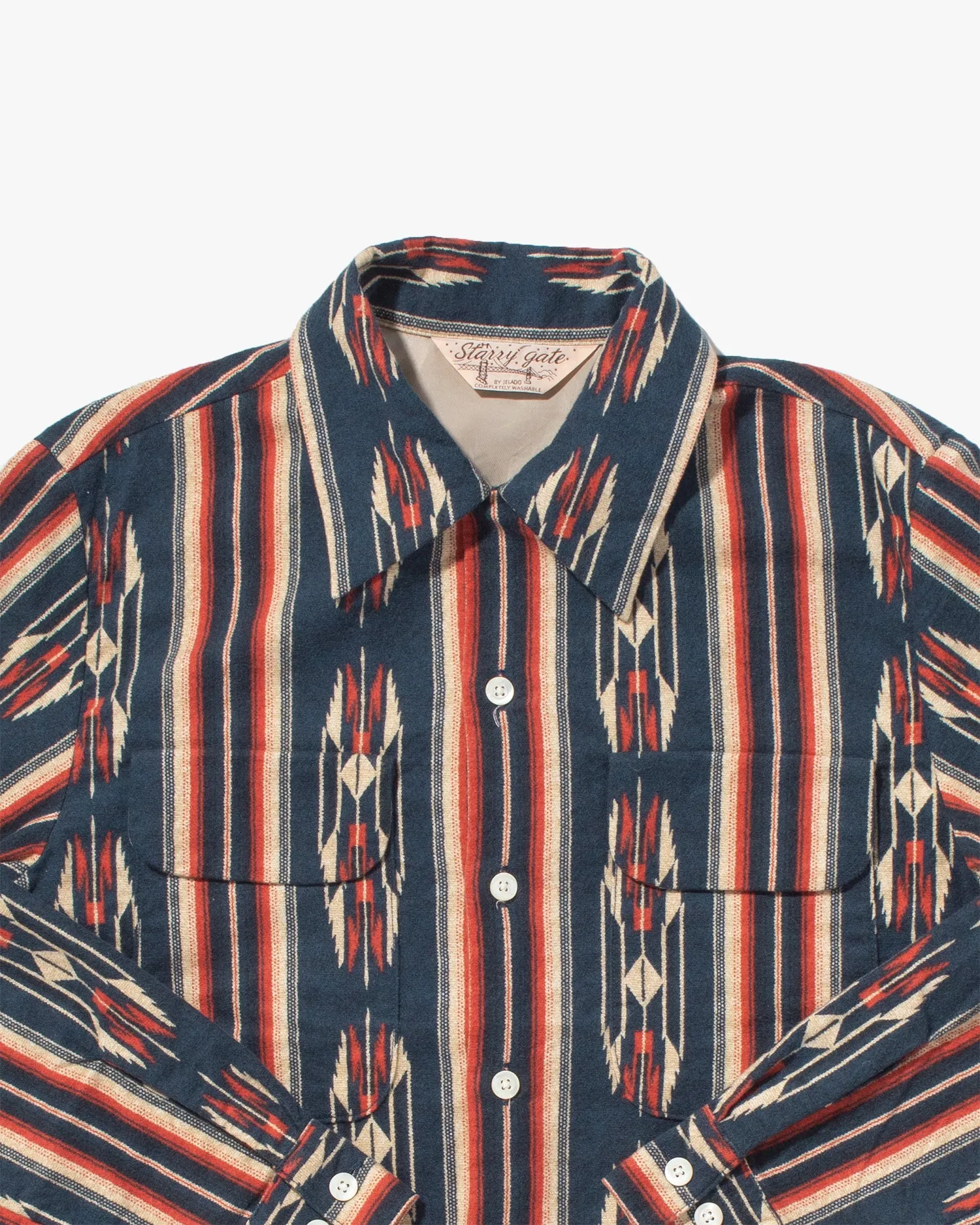 Japanese Repro Chamois Cotton Flannel, Starry Gate by Jelado Brand, Navy with Red and Cream Patterns sold by Kiriko product image thumbnail 2