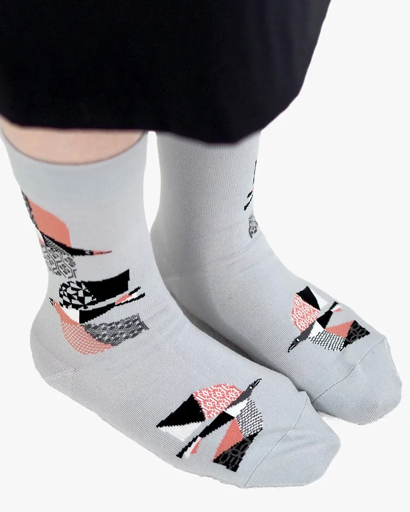 Debby Co., Crew Socks, Andé Collection, Grey Abstract Birds sold by Kiriko product image thumbnail 2