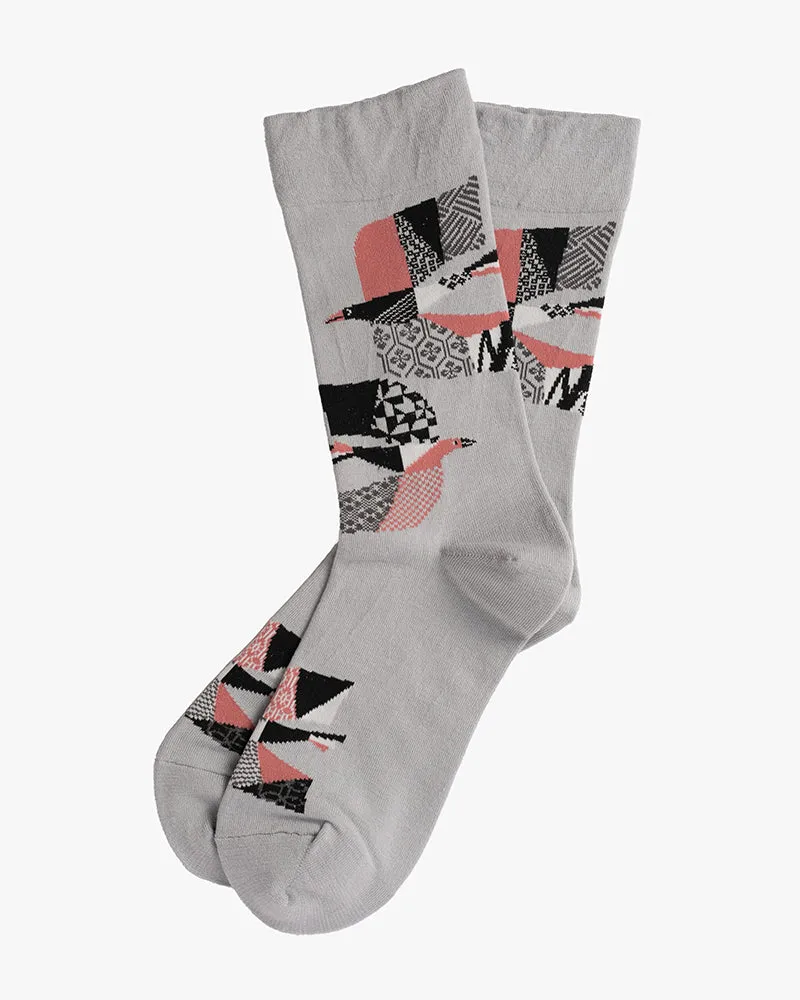 Debby Co., Crew Socks, Andé Collection, Grey Abstract Birds sold by Kiriko