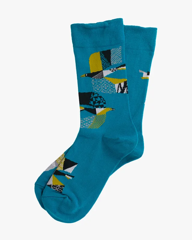 Debby Co., Crew Socks, Andé Collection, Teal Abstract Birds sold by Kiriko