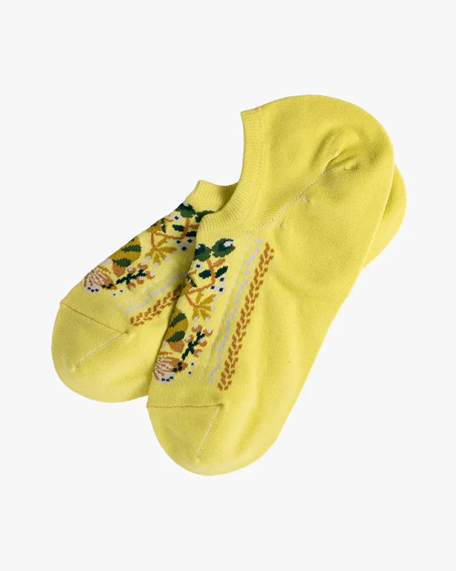 Debby Co., No Show Socks, Andé Collection, Yellow Green with Garden Scenery sold by Kiriko