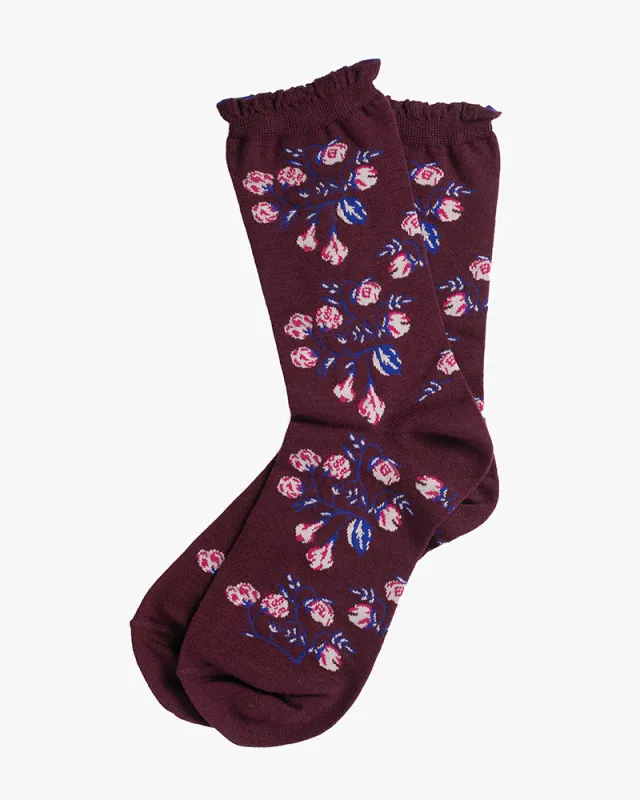 Debby Co., Crew Socks, Maison Blanche Collection, Maroon with Vibrant Floral sold by Kiriko