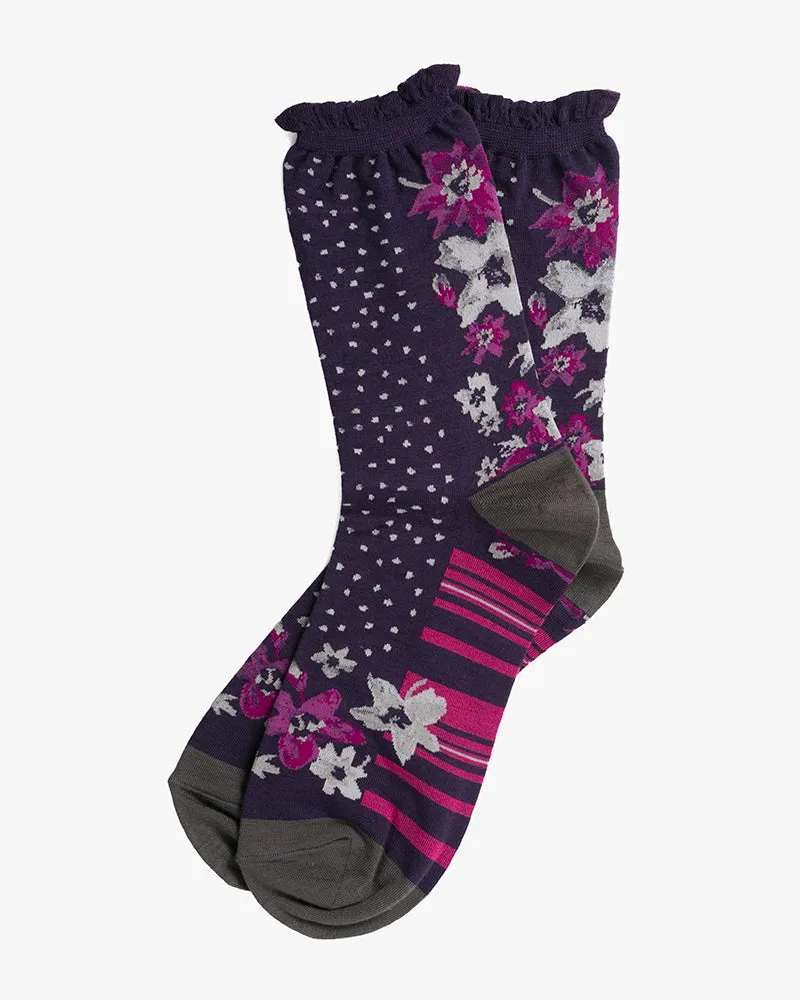 Debby Co., Crew Socks, Maison Blanche Collection, Dark Purple with Pink Shima and Flowers sold by Kiriko
