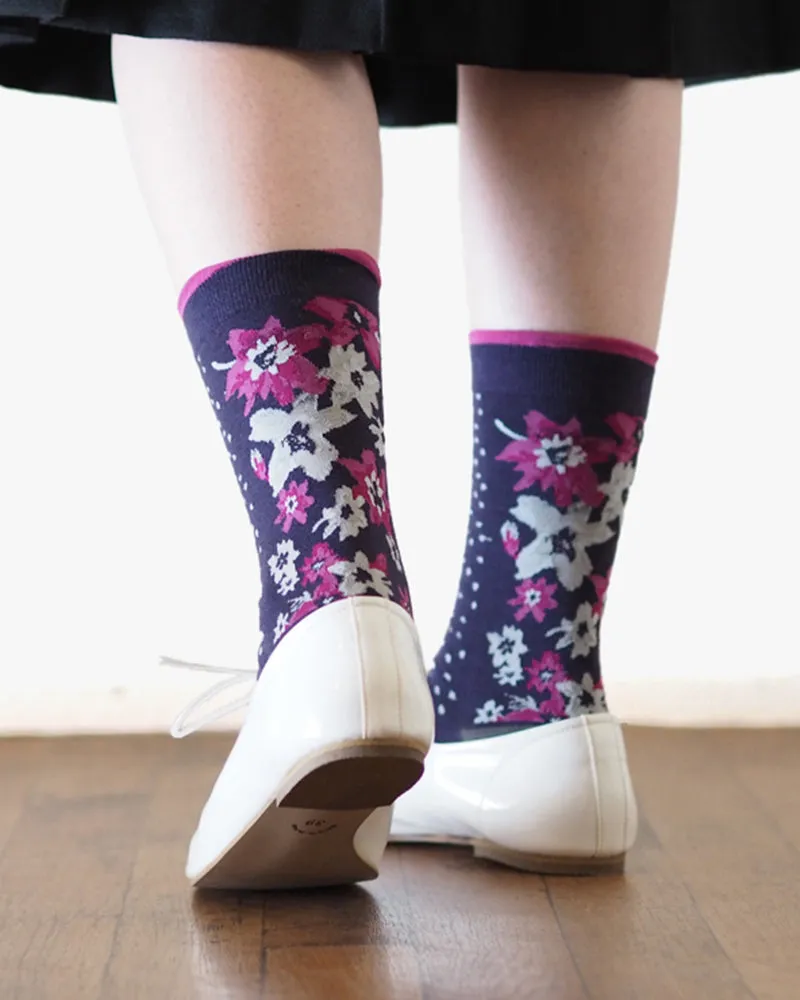 Debby Co., Crew Socks, Maison Blanche Collection, Dark Purple with Pink Shima and Flowers sold by Kiriko product image thumbnail 2