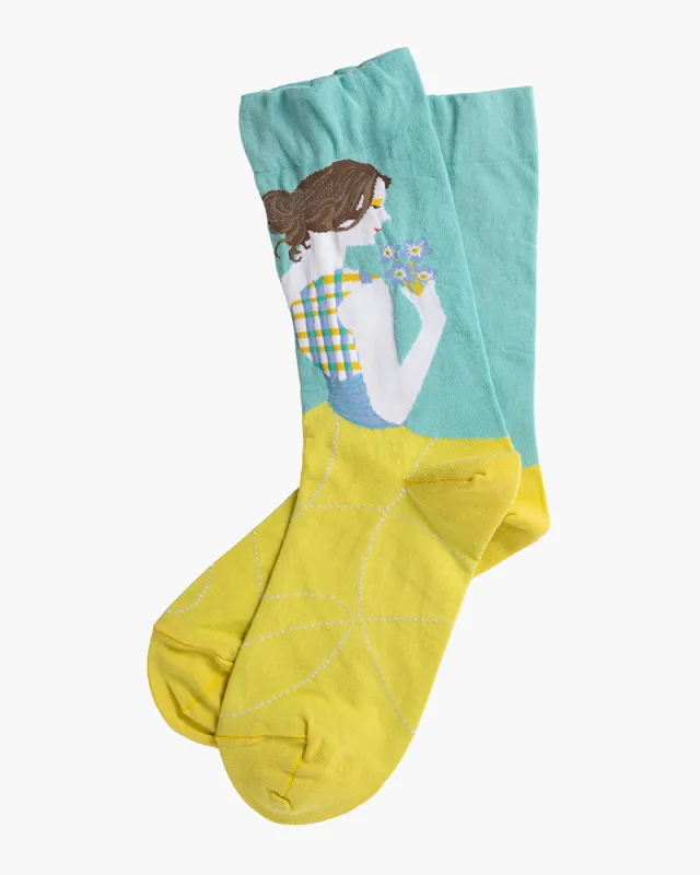 Debby Co., Crew Socks, Andé Collection, Blue and Lime with Girl Holding Flowers sold by Kiriko