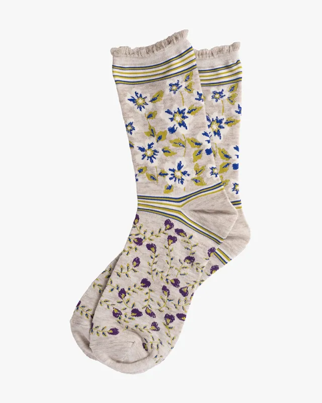 Debby Co., Crew Socks, Maison Blanche Collection, Grey with Green and Blue Shima and Flowers sold by Kiriko