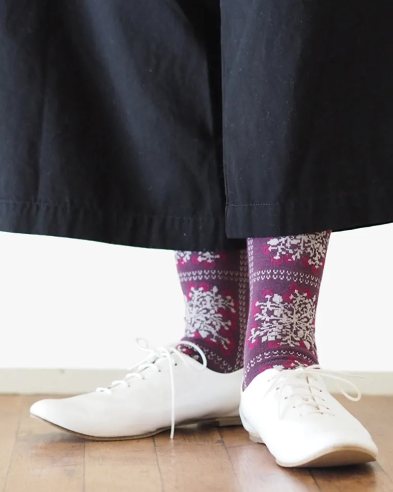 Debby Co., Crew Socks, Maison Blanche Collection, Plum with White Floral Patterns sold by Kiriko product image thumbnail 2