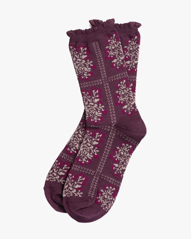 Debby Co., Crew Socks, Maison Blanche Collection, Plum with White Floral Patterns sold by Kiriko